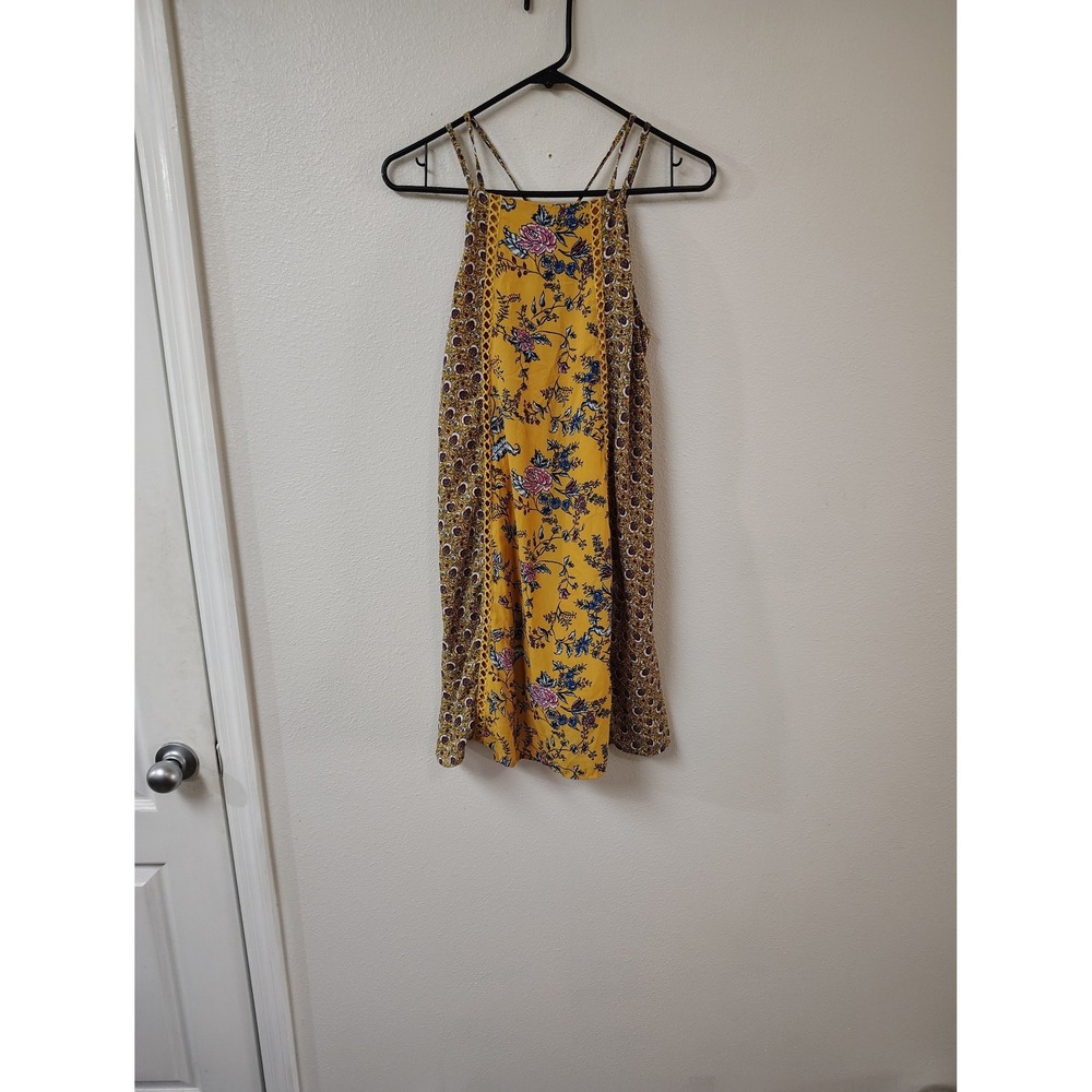 Mi Ami Mustard Yellow Floral Halter Mini Dress Boho Crochetโ Lace Trim Small